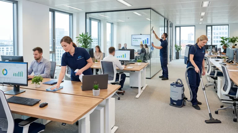 Reinigungskräfte in navy blauer Uniform reinigen ein modernes Büro für mehr Hygiene und Produktivität