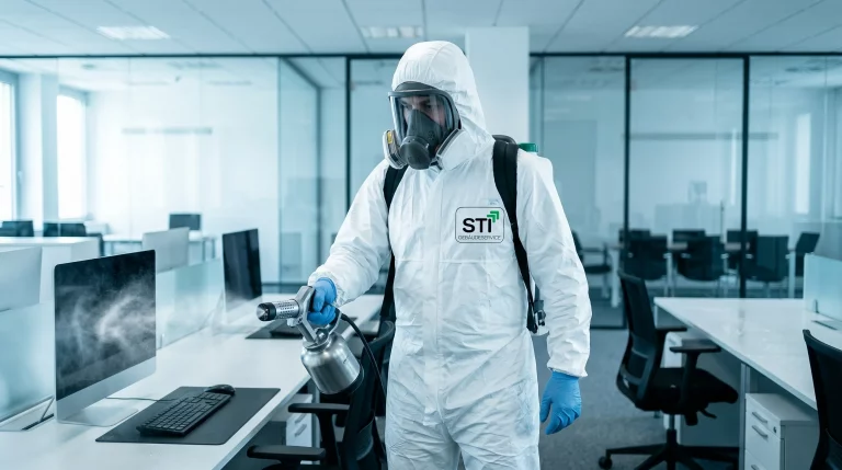 STI Gebäudeservice Experte bei der professionellen Desinfektion eines Büros.
