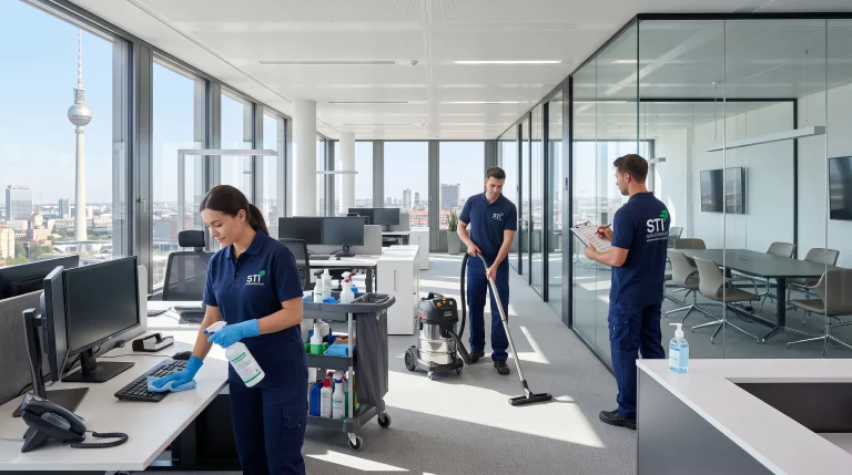 Reinigungsplan Büro mit STI Gebäudeservice Reinigungsteam im modernen Büro