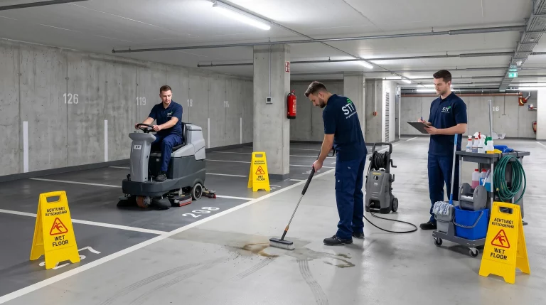 Tiefgaragenreinigung Berlin mit STI Gebäudeservice Reinigungsteam