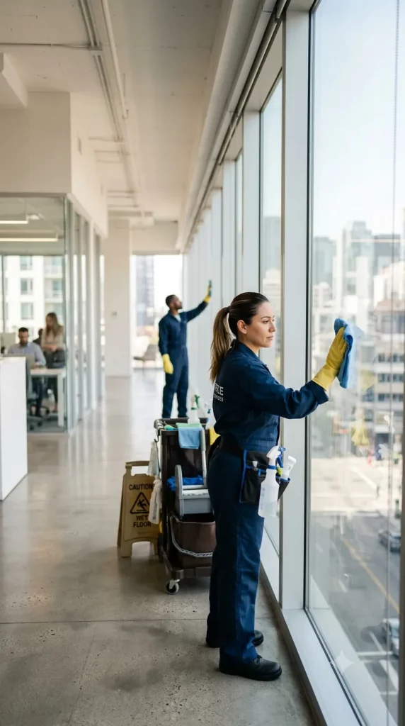 Professionelle Büroreinigung Berlin – Reinigungskraft putzt Fensterscheibe in modernem Büro