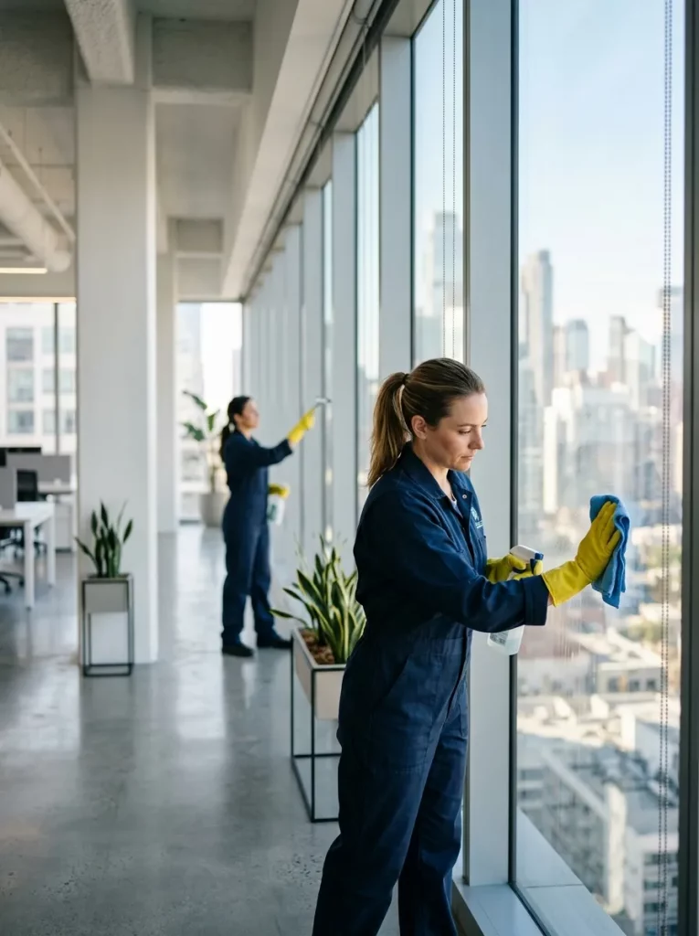 Professionelle Büroreinigung Berlin – Reinigungskraft putzt Fensterscheibe in modernem Büro