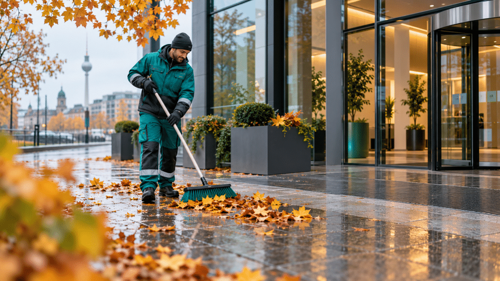 Herbstlaub und Außenanlagenpflege an einem Gewerbeobjekt in Berlin